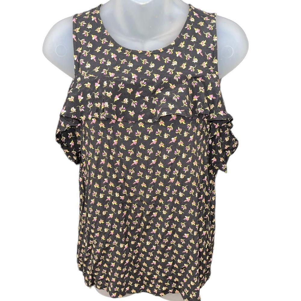 LOFT Black, Purple & Bright Green Floral Cold Shoulder‎ Ruffle Top - Size Medium